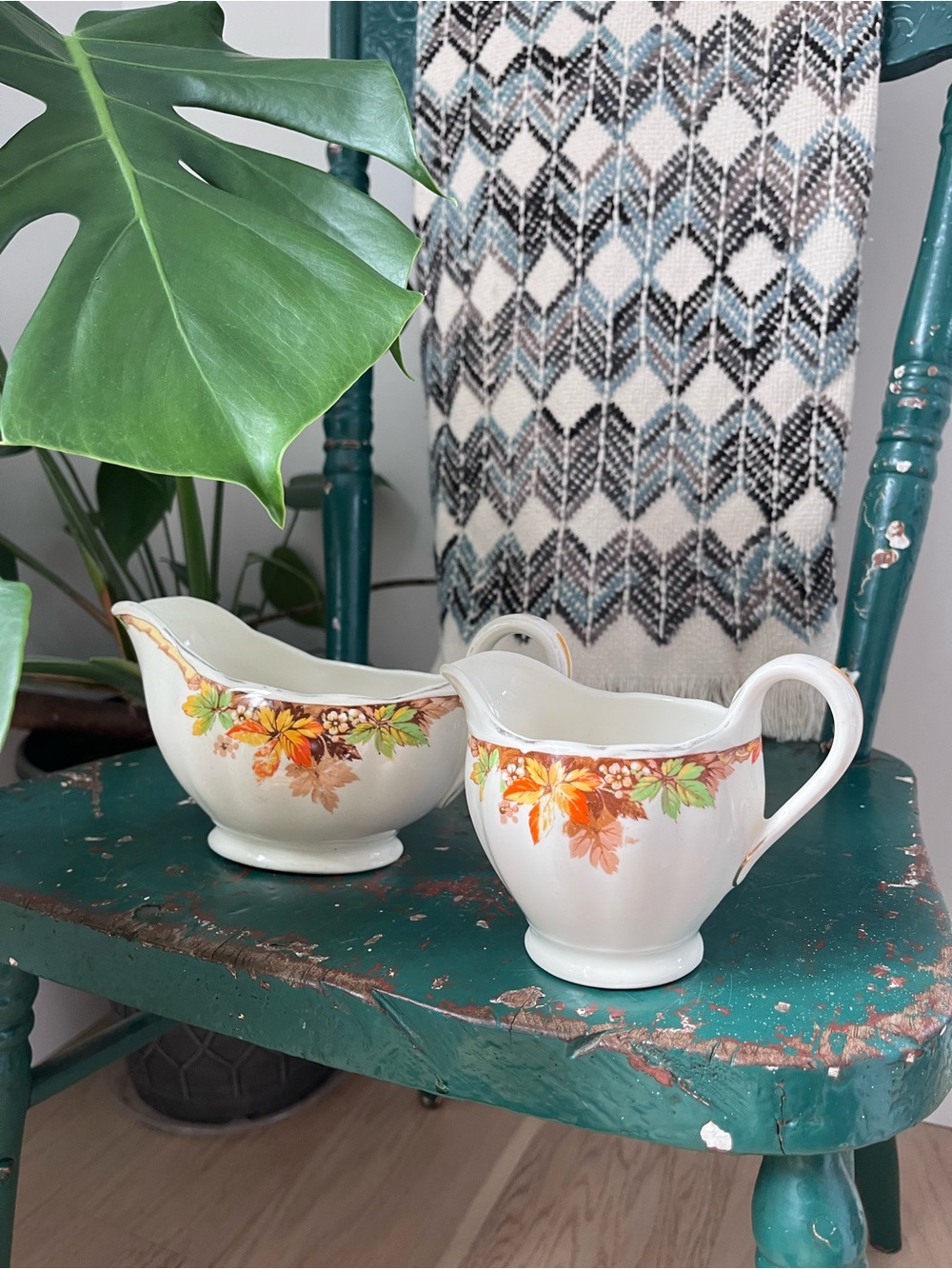 Vintage Floral Autumn Leaf Porcelain Creamer and Sugar Bowl Set - White